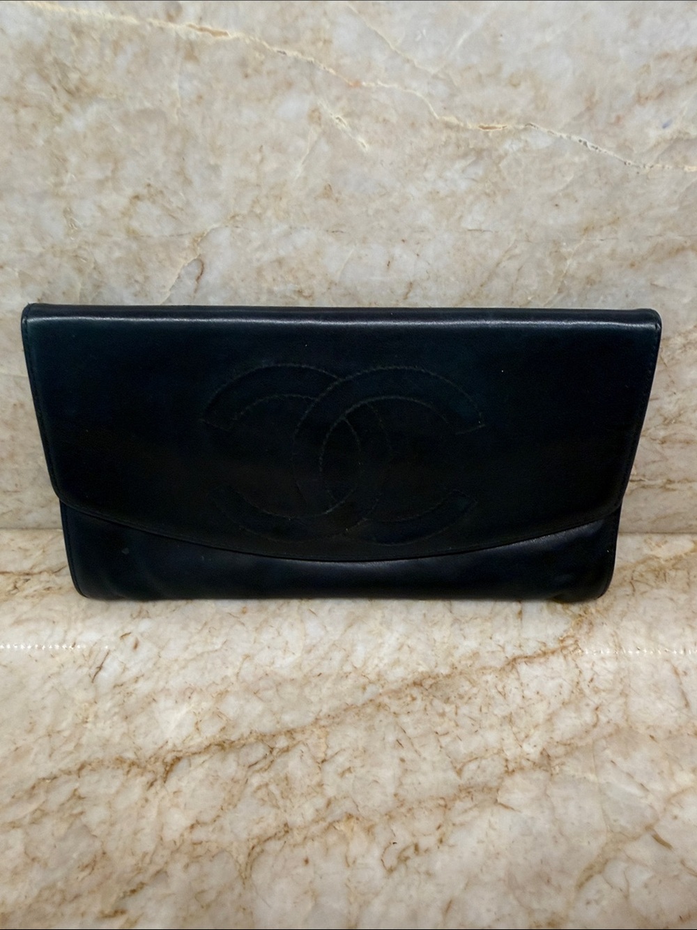 CHANEL Black Leather CC Logo Lambskin Envelope Clutch